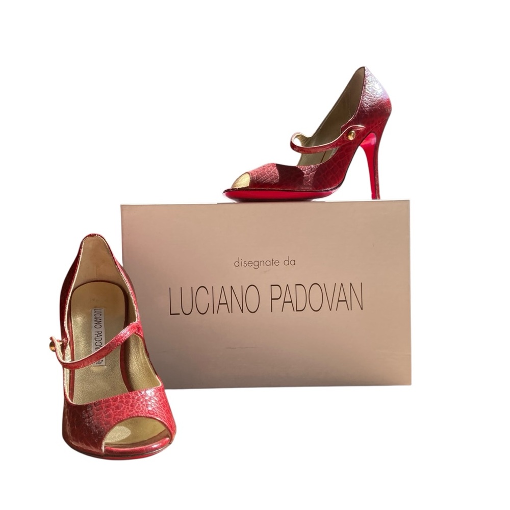 LUCIANO PADOVAN | Mary Jane Red Pump Croc Embossed Leather Peep-Toe 37.5 Italy